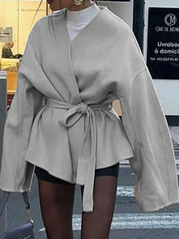 Long Sleeves Loose Solid Color Tied Waist V-Neck Outerwear - Image 12