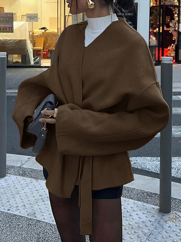 Long Sleeves Loose Solid Color Tied Waist V-Neck Outerwear - Image 13