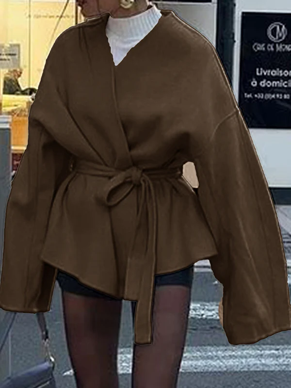 Long Sleeves Loose Solid Color Tied Waist V-Neck Outerwear - Image 14