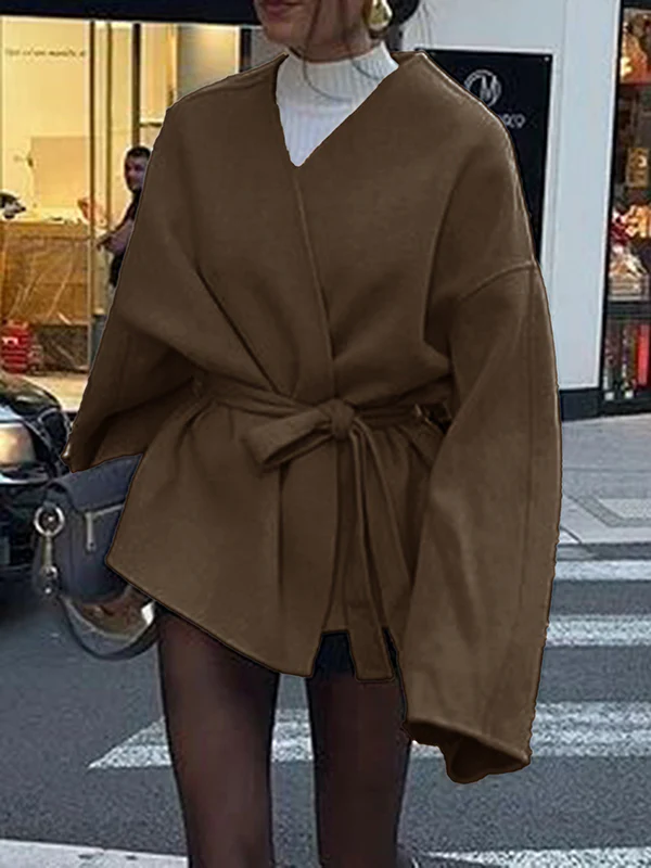 Long Sleeves Loose Solid Color Tied Waist V-Neck Outerwear - Image 15