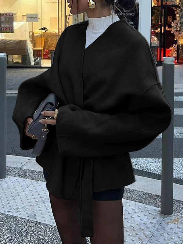 Long Sleeves Loose Solid Color Tied Waist V-Neck Outerwear - Image 16