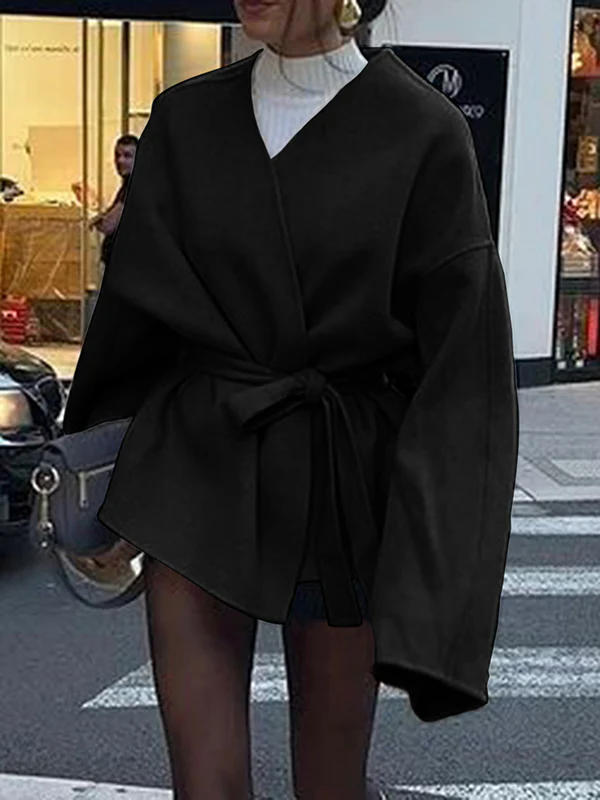 Long Sleeves Loose Solid Color Tied Waist V-Neck Outerwear - Image 17
