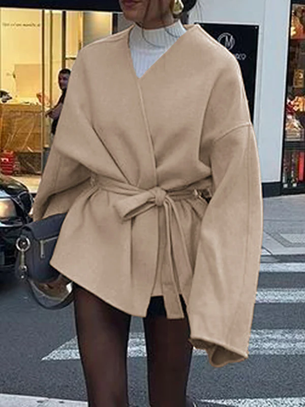 Long Sleeves Loose Solid Color Tied Waist V-Neck Outerwear - Image 3
