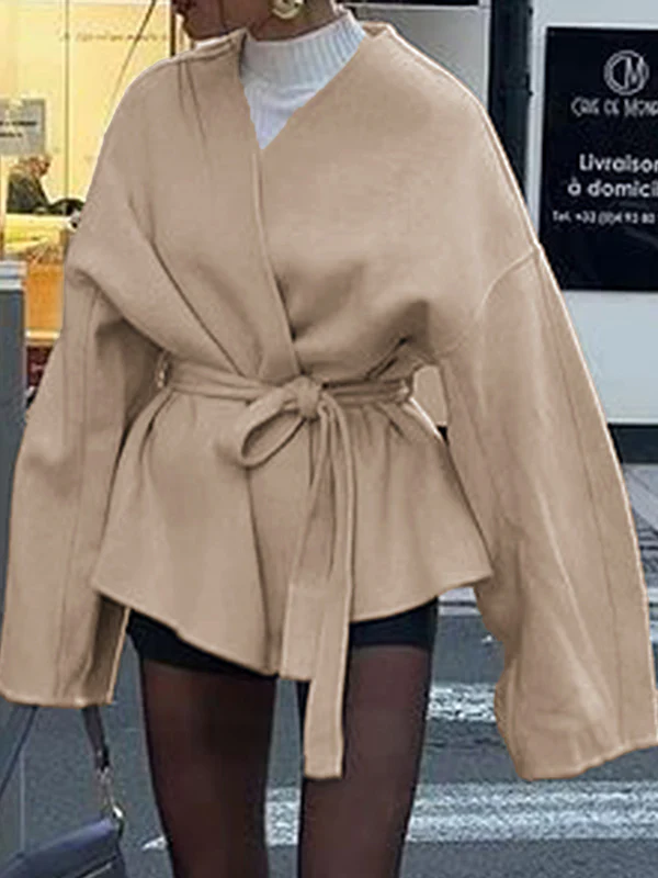 Long Sleeves Loose Solid Color Tied Waist V-Neck Outerwear - Image 4