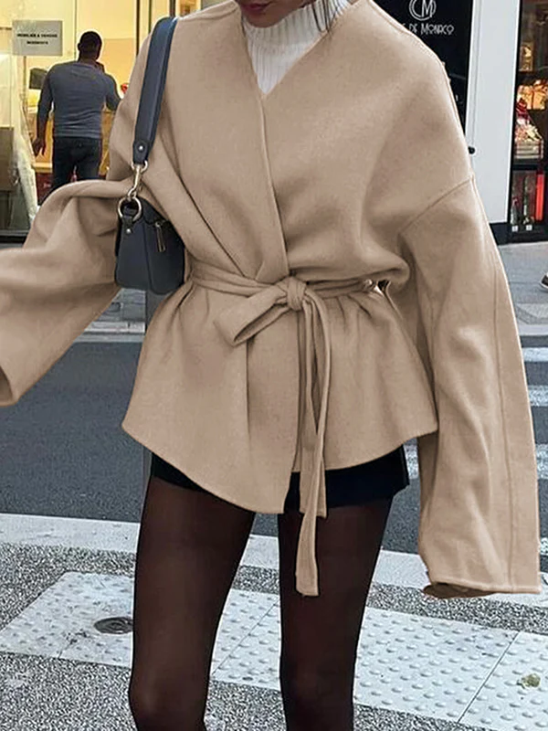 Long Sleeves Loose Solid Color Tied Waist V-Neck Outerwear - Image 5