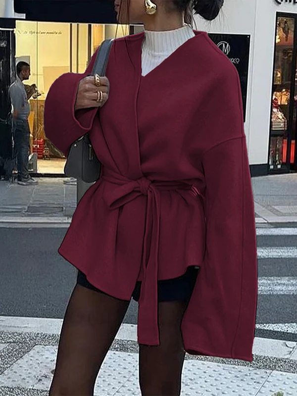Long Sleeves Loose Solid Color Tied Waist V-Neck Outerwear - Image 6