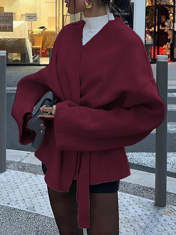 Long Sleeves Loose Solid Color Tied Waist V-Neck Outerwear - Image 7