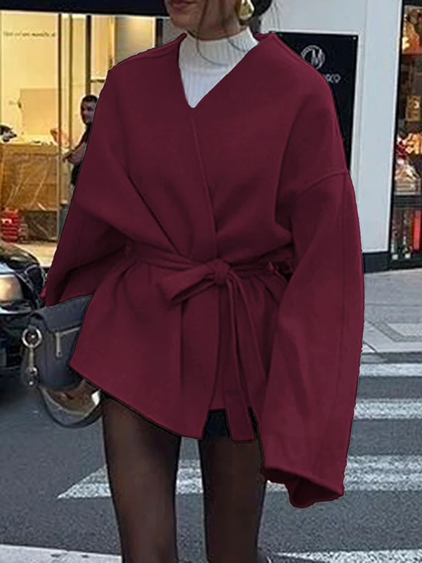 Long Sleeves Loose Solid Color Tied Waist V-Neck Outerwear - Image 8
