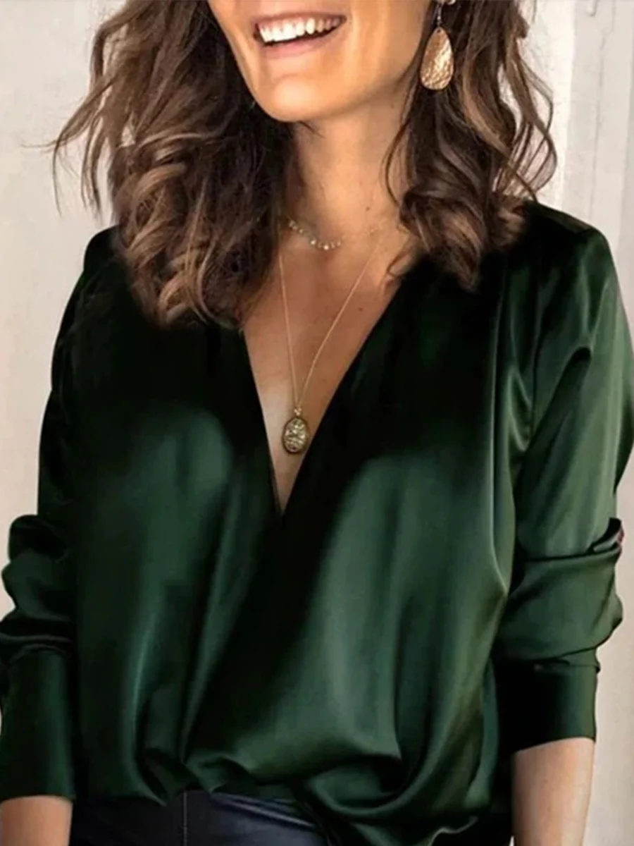 Long Sleeves Plus Size Loose Solid Color V-Neck Blouses&Shirts Tops - Image 2