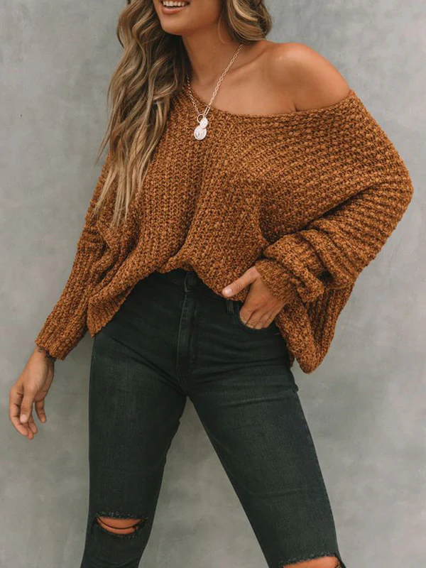 Long Sleeves Loose Solid Color V-Neck Knitwear Pullovers Sweater Tops - Image 10