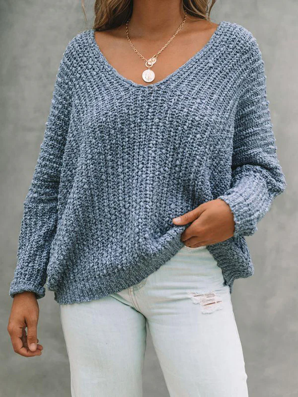 Long Sleeves Loose Solid Color V-Neck Knitwear Pullovers Sweater Tops - Image 11