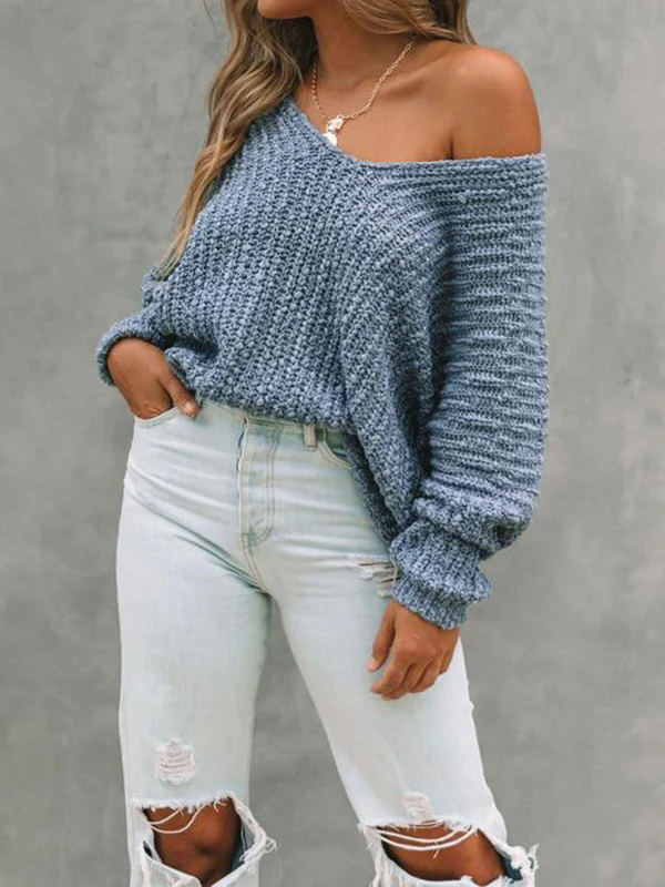 Long Sleeves Loose Solid Color V-Neck Knitwear Pullovers Sweater Tops - Image 12