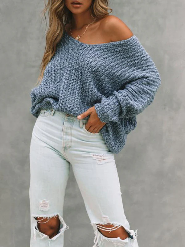 Long Sleeves Loose Solid Color V-Neck Knitwear Pullovers Sweater Tops - Image 13
