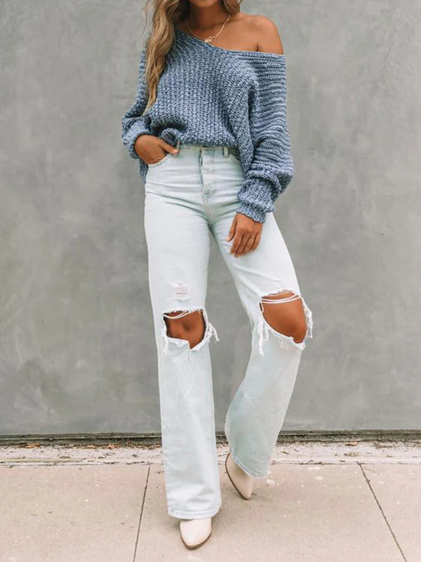 Long Sleeves Loose Solid Color V-Neck Knitwear Pullovers Sweater Tops - Image 14