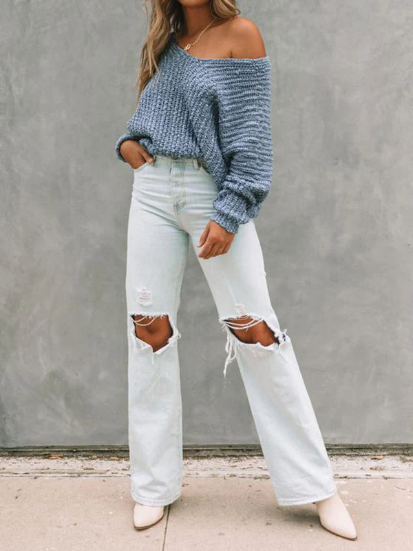 Long Sleeves Loose Solid Color V-Neck Knitwear Pullovers Sweater Tops - Image 15