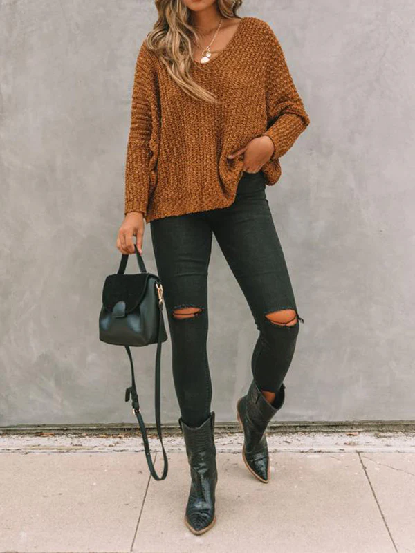 Long Sleeves Loose Solid Color V-Neck Knitwear Pullovers Sweater Tops - Image 16