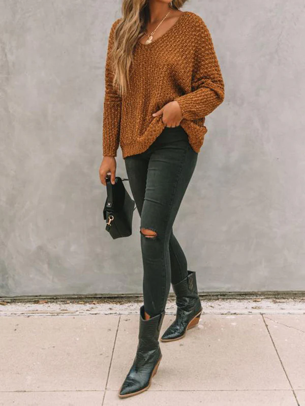 Long Sleeves Loose Solid Color V-Neck Knitwear Pullovers Sweater Tops - Image 17