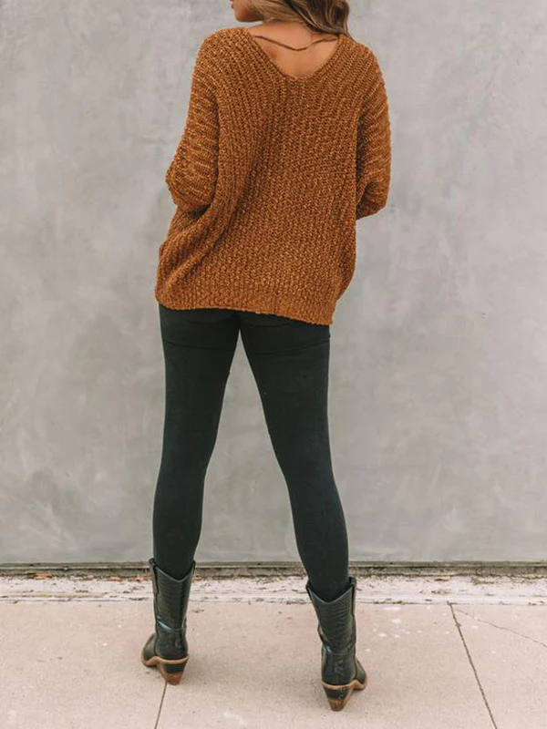 Long Sleeves Loose Solid Color V-Neck Knitwear Pullovers Sweater Tops - Image 18