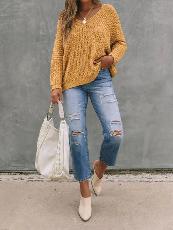 Long Sleeves Loose Solid Color V-Neck Knitwear Pullovers Sweater Tops - Image 19