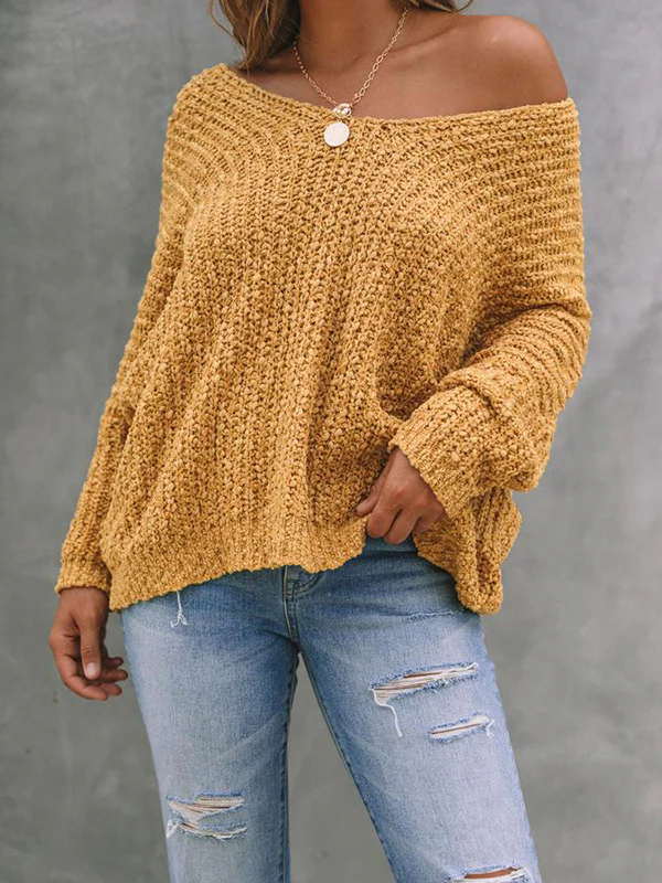 Long Sleeves Loose Solid Color V-Neck Knitwear Pullovers Sweater Tops - Image 2
