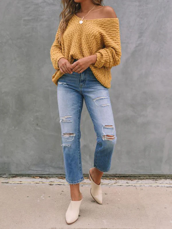 Long Sleeves Loose Solid Color V-Neck Knitwear Pullovers Sweater Tops - Image 20