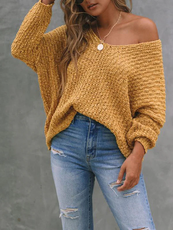 Long Sleeves Loose Solid Color V-Neck Knitwear Pullovers Sweater Tops - Image 3
