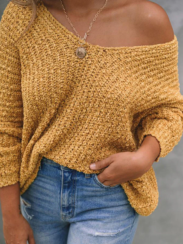 Long Sleeves Loose Solid Color V-Neck Knitwear Pullovers Sweater Tops - Image 4