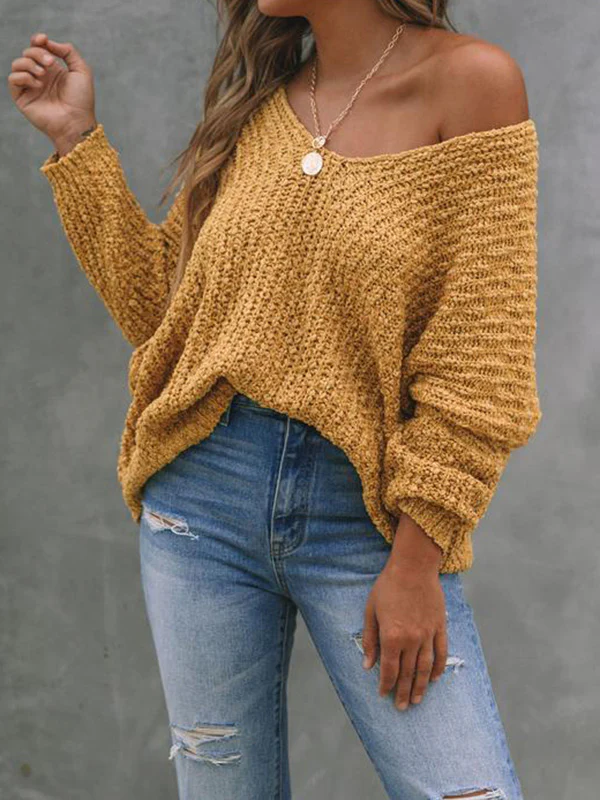 Long Sleeves Loose Solid Color V-Neck Knitwear Pullovers Sweater Tops - Image 5