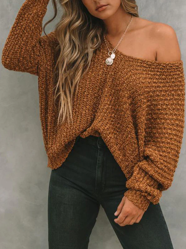 Long Sleeves Loose Solid Color V-Neck Knitwear Pullovers Sweater Tops - Image 6