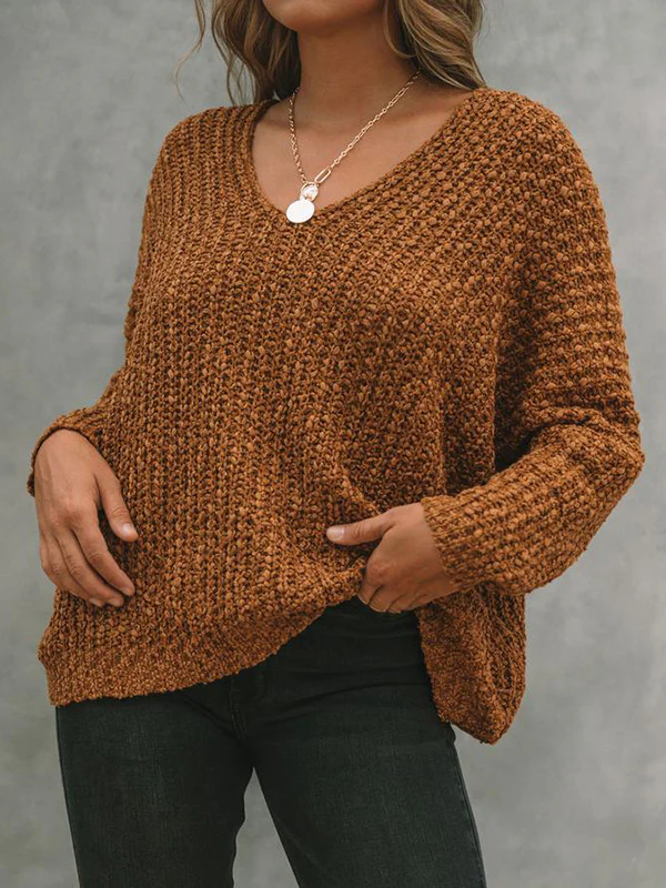 Long Sleeves Loose Solid Color V-Neck Knitwear Pullovers Sweater Tops - Image 7