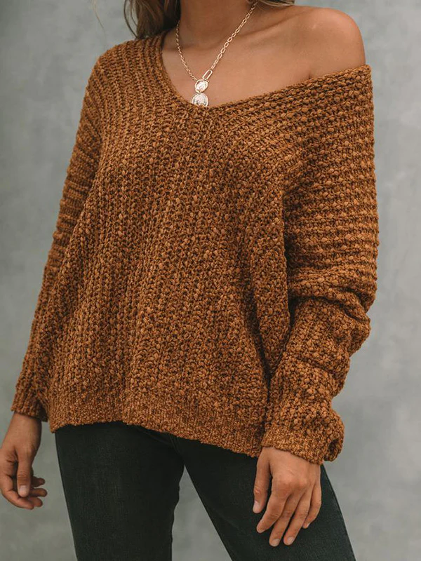 Long Sleeves Loose Solid Color V-Neck Knitwear Pullovers Sweater Tops - Image 8