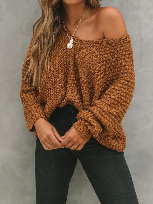 Long Sleeves Loose Solid Color V-Neck Knitwear Pullovers Sweater Tops - Image 9