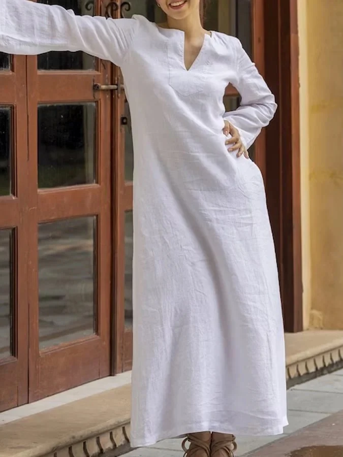 Long Sleeves Loose Solid Color V-Neck Maxi Dresses - Image 2