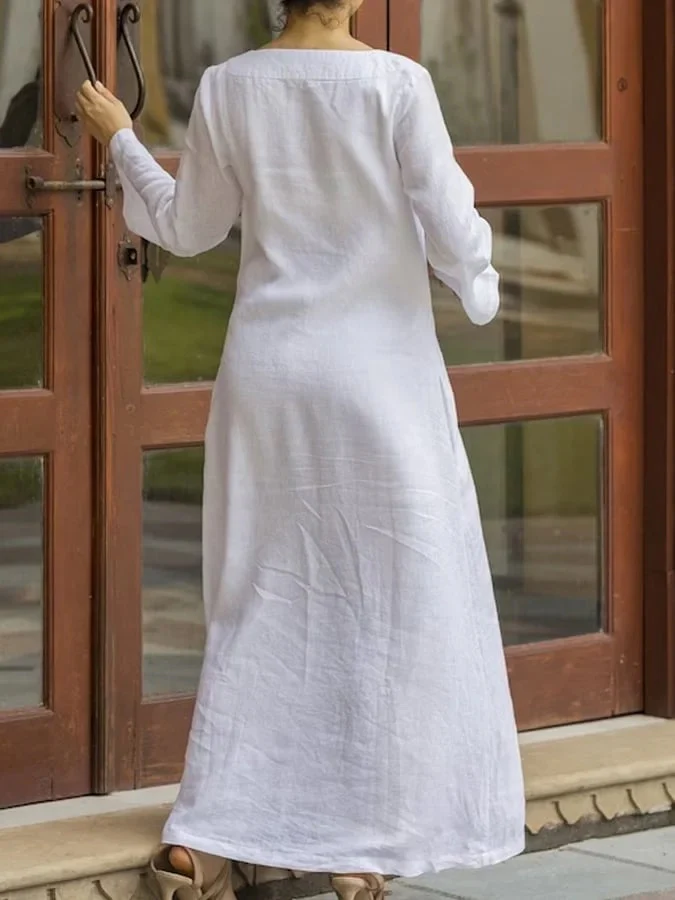 Long Sleeves Loose Solid Color V-Neck Maxi Dresses - Image 4