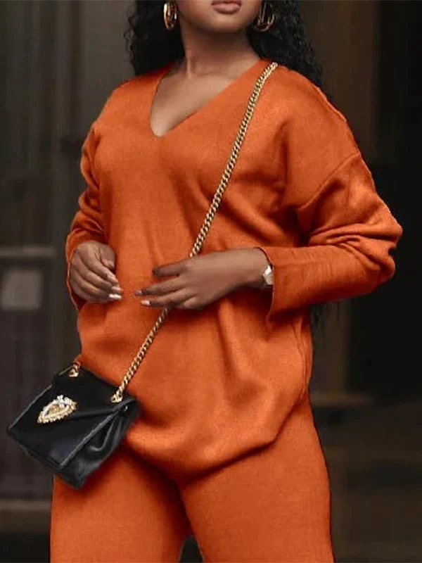 Long Sleeves Loose Solid Color V-Neck Pullovers