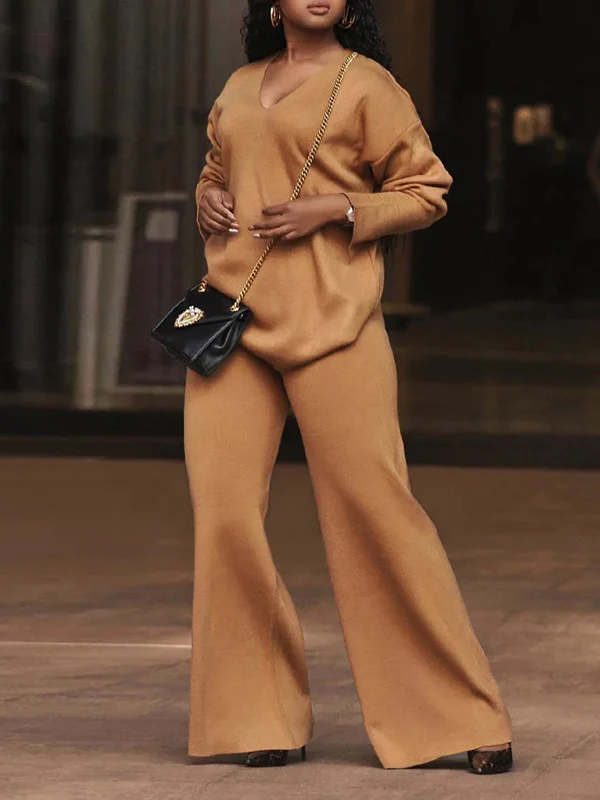 Long Sleeves Loose Solid Color V-Neck Pullovers - Image 10