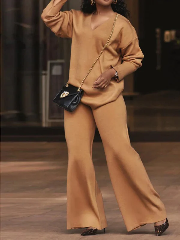 Long Sleeves Loose Solid Color V-Neck Pullovers - Image 11