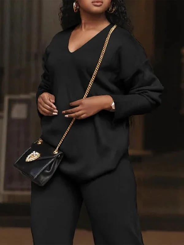 Long Sleeves Loose Solid Color V-Neck Pullovers - Image 4