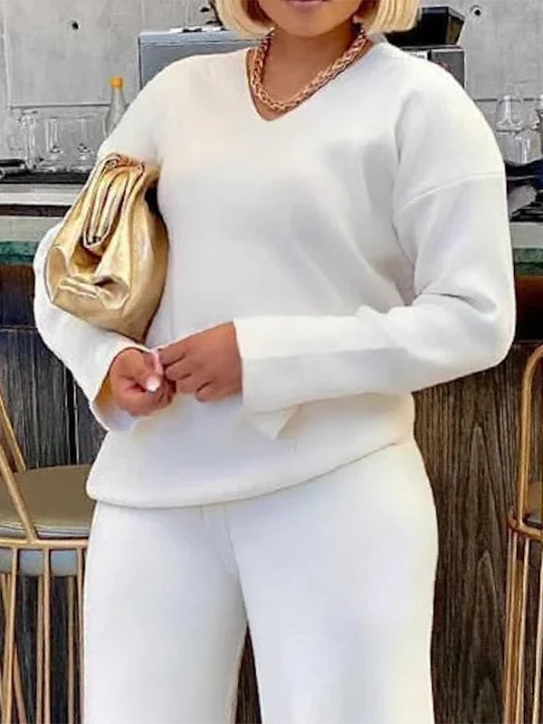 Long Sleeves Loose Solid Color V-Neck Pullovers - Image 5