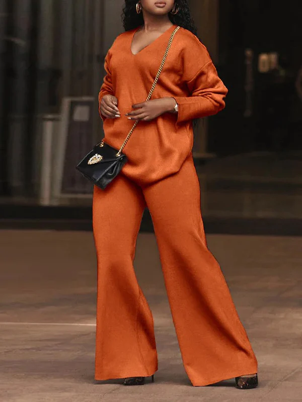 Long Sleeves Loose Solid Color V-Neck Pullovers - Image 6