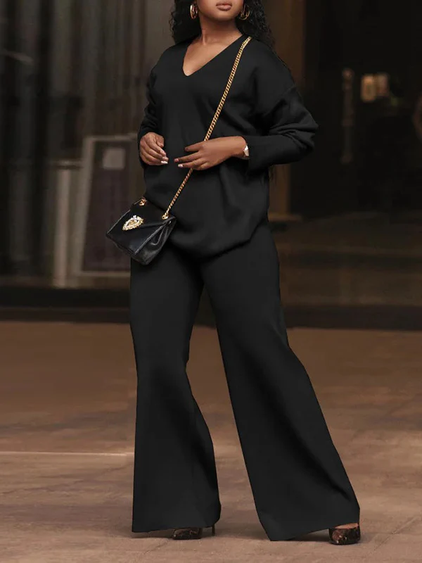 Long Sleeves Loose Solid Color V-Neck Pullovers - Image 7