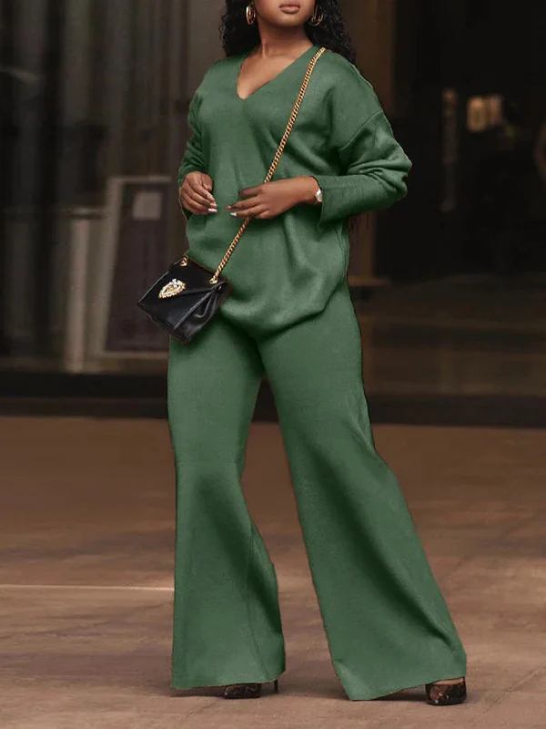 Long Sleeves Loose Solid Color V-Neck Pullovers - Image 8