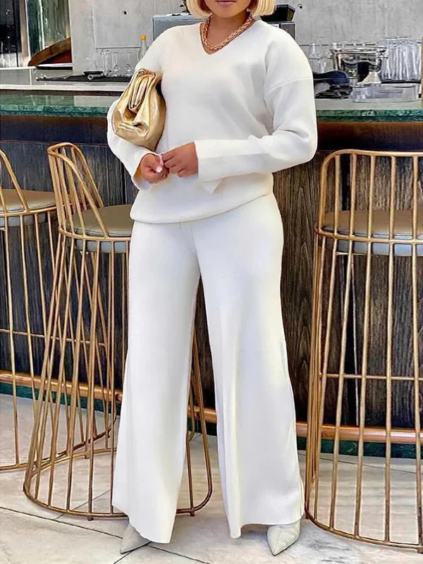 Long Sleeves Loose Solid Color V-Neck Pullovers - Image 9