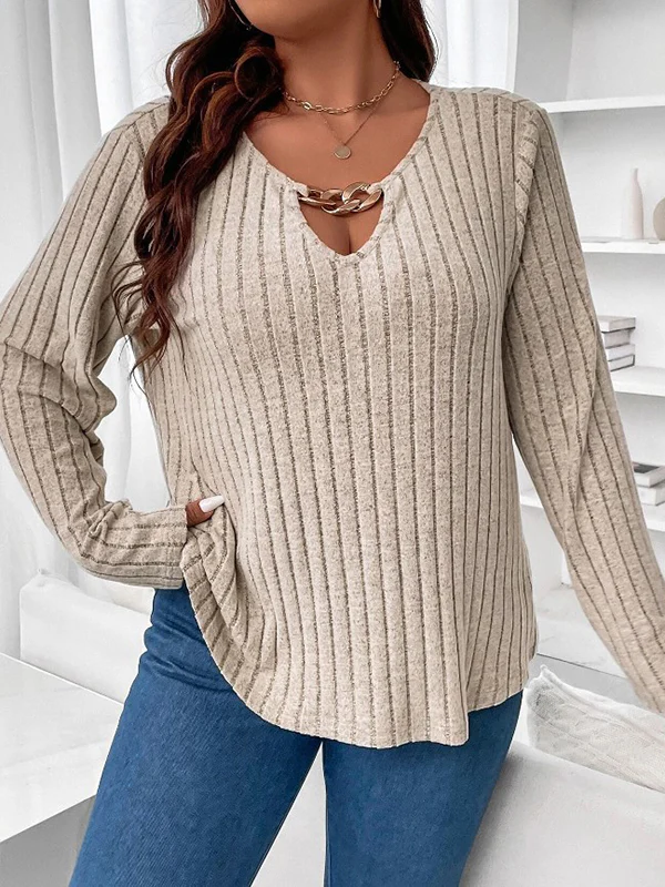 Long Sleeves Loose Solid Color V-Neck T-Shirts Tops - Image 11