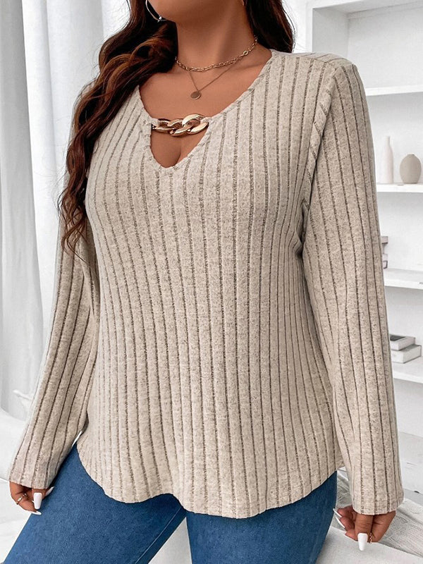 Long Sleeves Loose Solid Color V-Neck T-Shirts Tops - Image 2