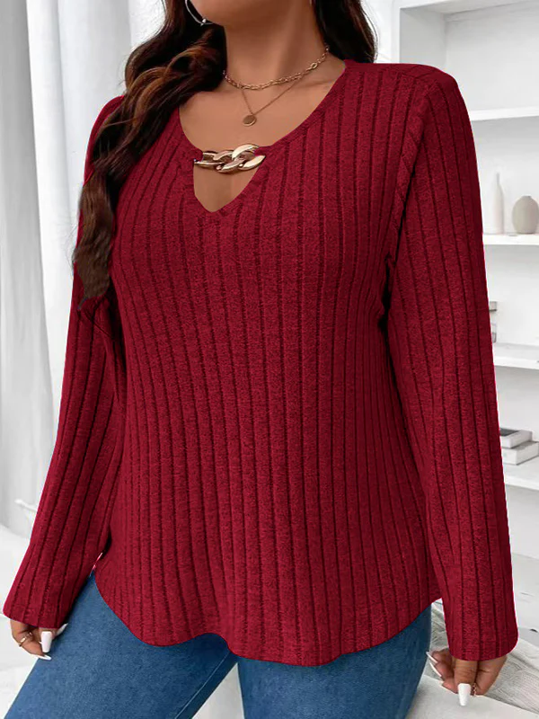 Long Sleeves Loose Solid Color V-Neck T-Shirts Tops - Image 3