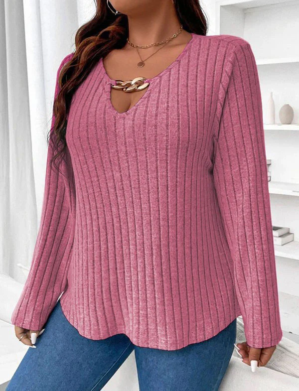 Long Sleeves Loose Solid Color V-Neck T-Shirts Tops - Image 4