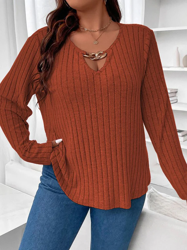 Long Sleeves Loose Solid Color V-Neck T-Shirts Tops - Image 9
