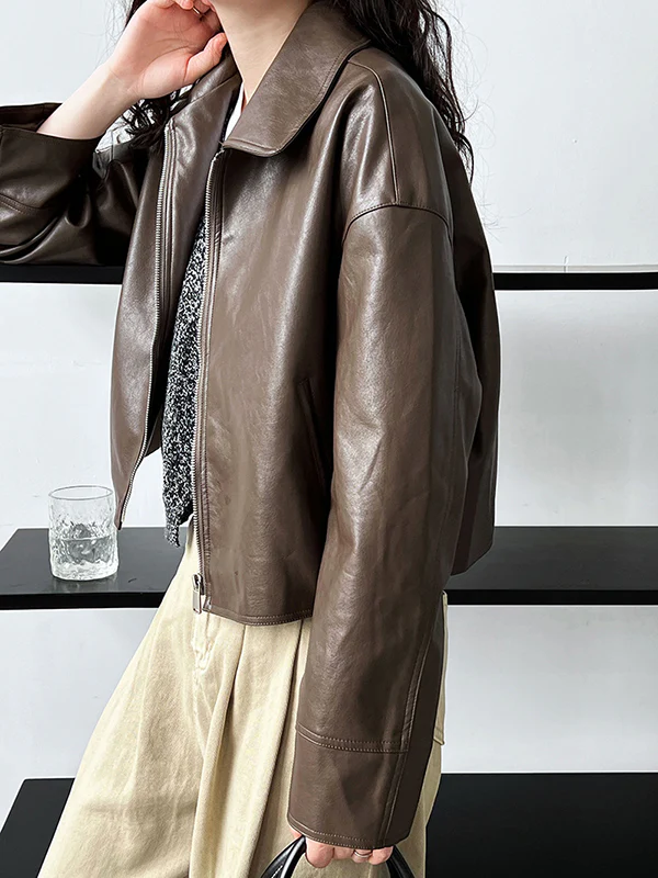 Long Sleeves Loose Solid Color Zipper Lapel Collar Jackets&Coats Outerwear - Image 11