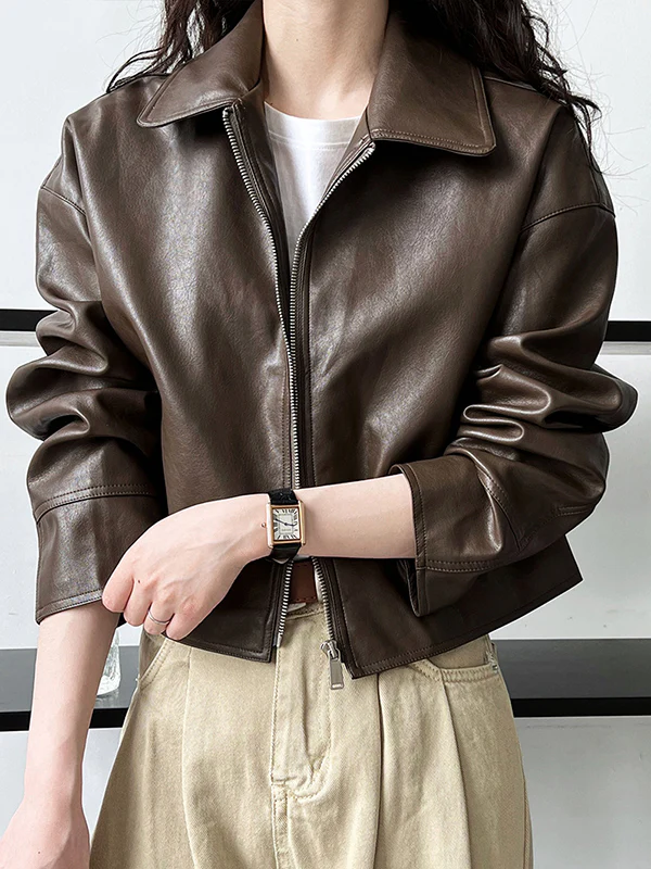 Long Sleeves Loose Solid Color Zipper Lapel Collar Jackets&Coats Outerwear - Image 2